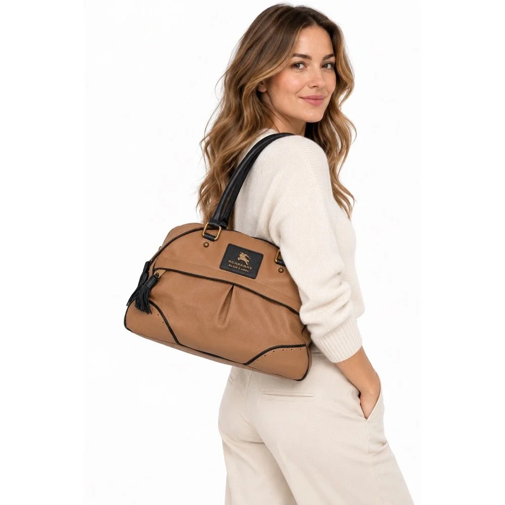 Burberry Blue Label Bowler Satchel Bag Taupe Leather Luxury Travel Work Sporty
